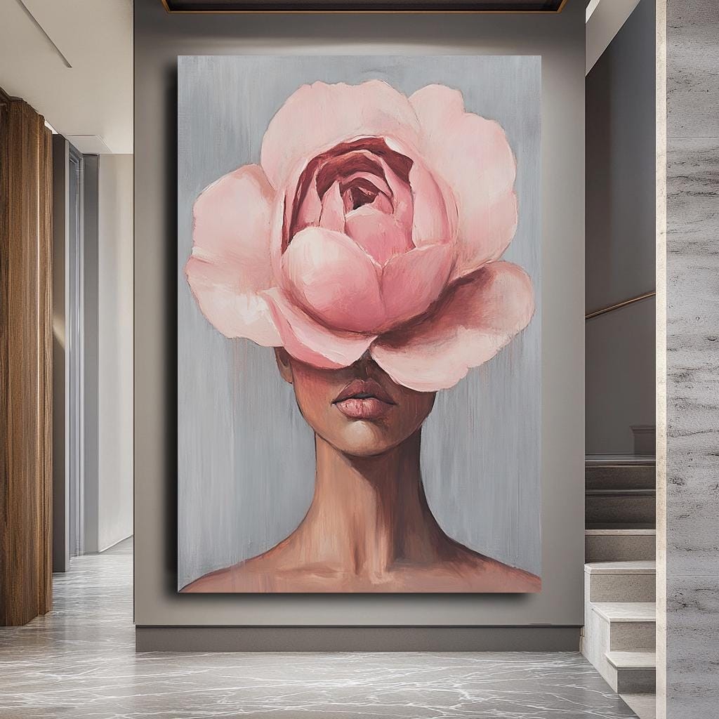 Floral Face Wall Art, Minimalist Woman with Pink Flower Canvas, Abstra