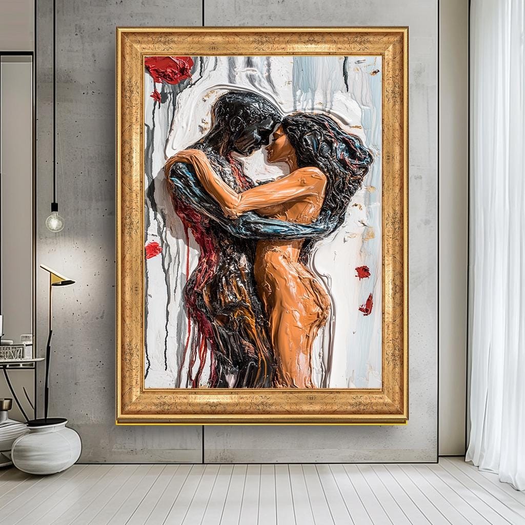 Romantic Couple Abstract Canvas Print, Passionate Lovers Wall Art, Mod