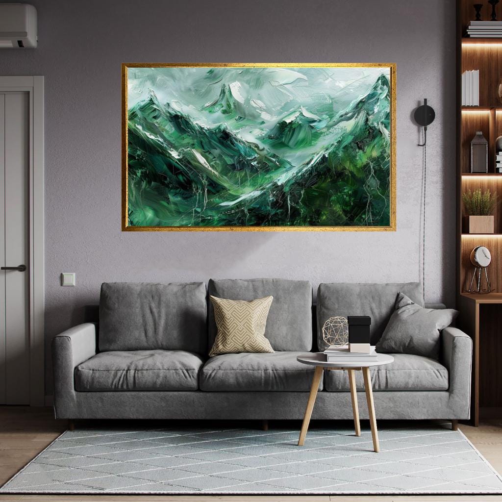 Large Canvas Print Mountain Landscape, Modern Abstract Wall Art, Green