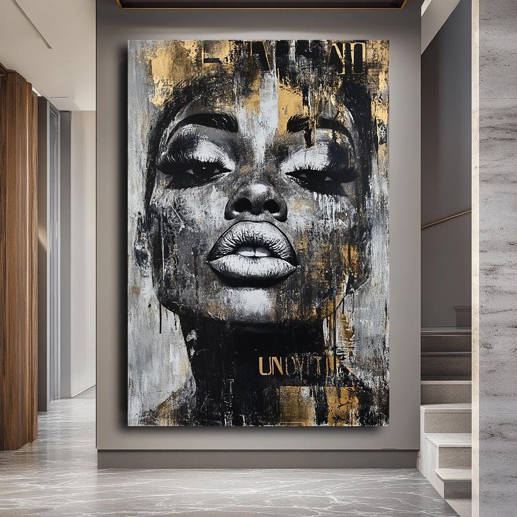 African Woman Portrait Wall Art, Abstract Female Face Canvas, Edgy Urb