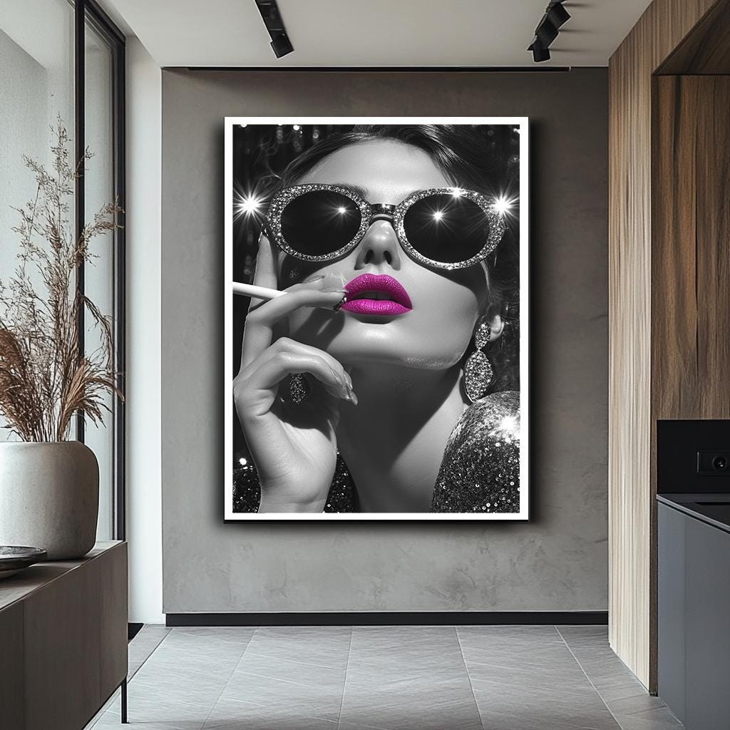 Glamorous Woman Wall Art with Pink Lips, Black and White Luxury Canvas