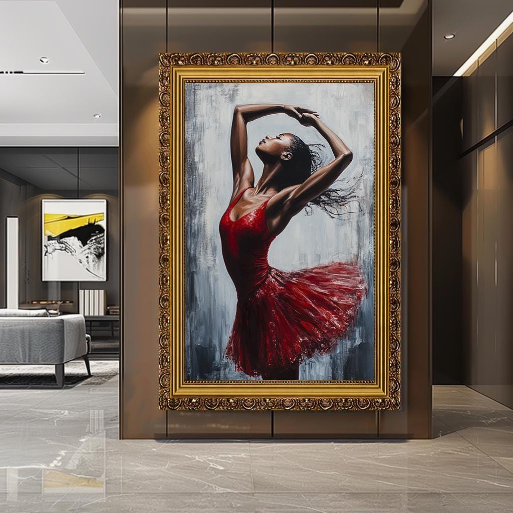 Elegant Ballerina Canvas Painting, Dynamic Dance Art in Red Dress, Lar