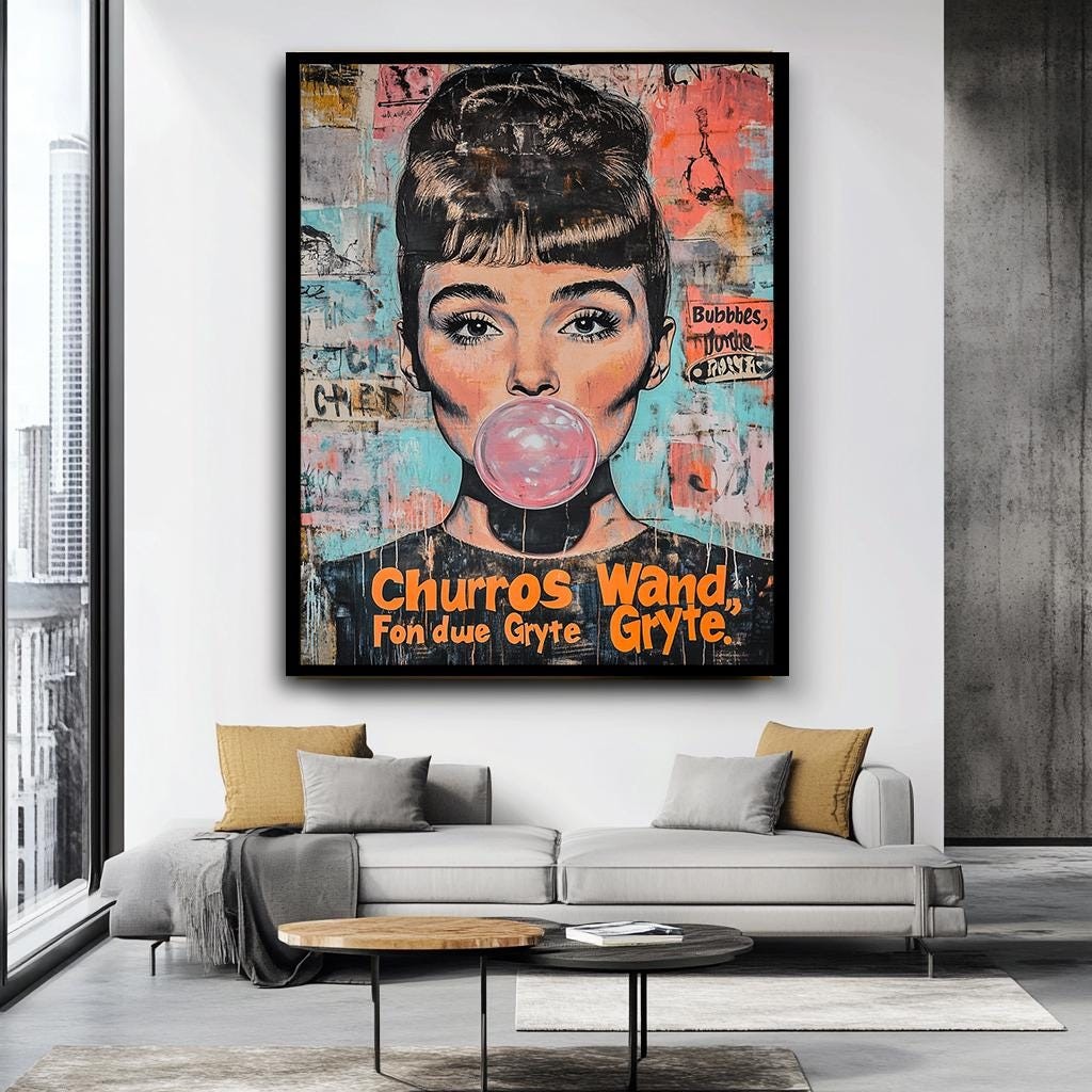 Audrey Hepburn Pop Art Canvas, Bubblegum Street Art Style, Large Moder