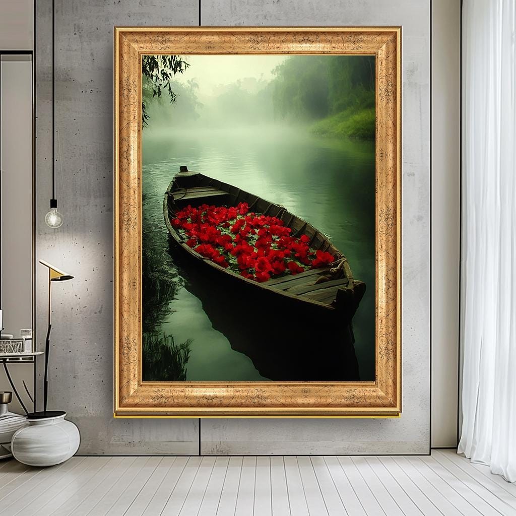 Mystical Boat with Red Flowers Canvas Print - Tranquil Nature Wall Art