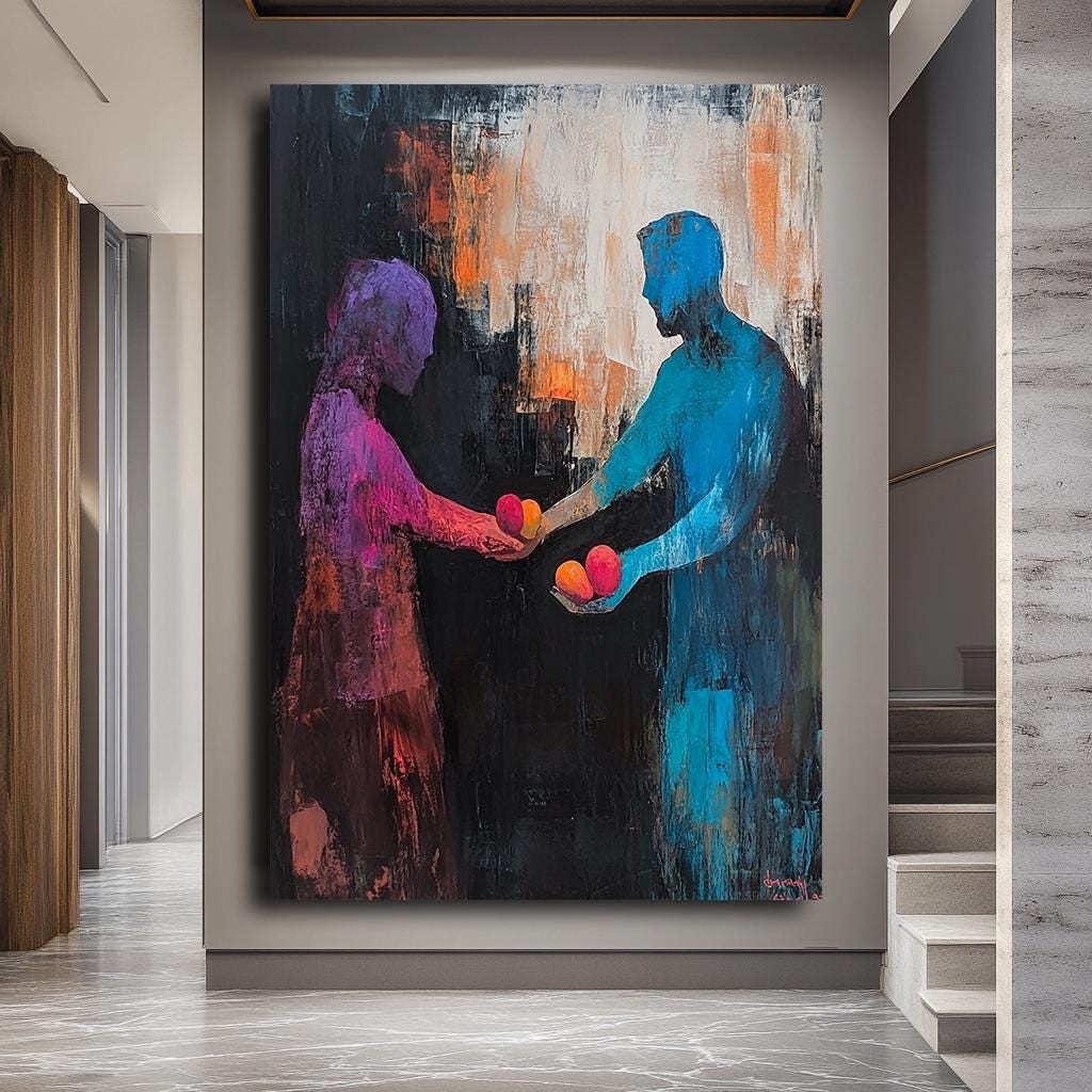 Abstract Couple Wall Art, Vibrant Figurative Painting, Modern Expressi