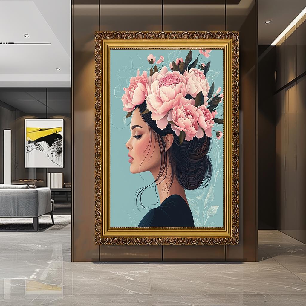 Floral Woman Portrait Wall Art, Elegant Flower Crown Canvas, Feminine 