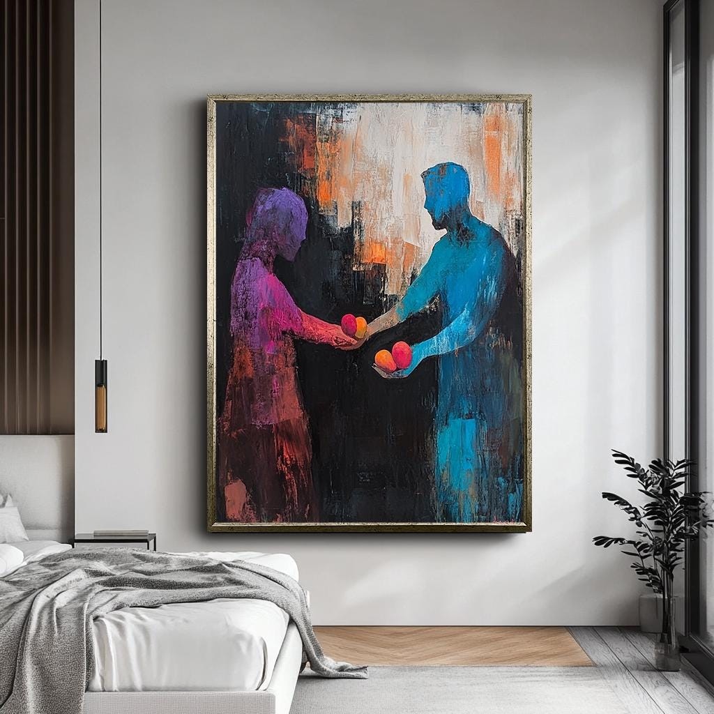 Abstract Couple Wall Art, Vibrant Figurative Painting, Modern Expressi