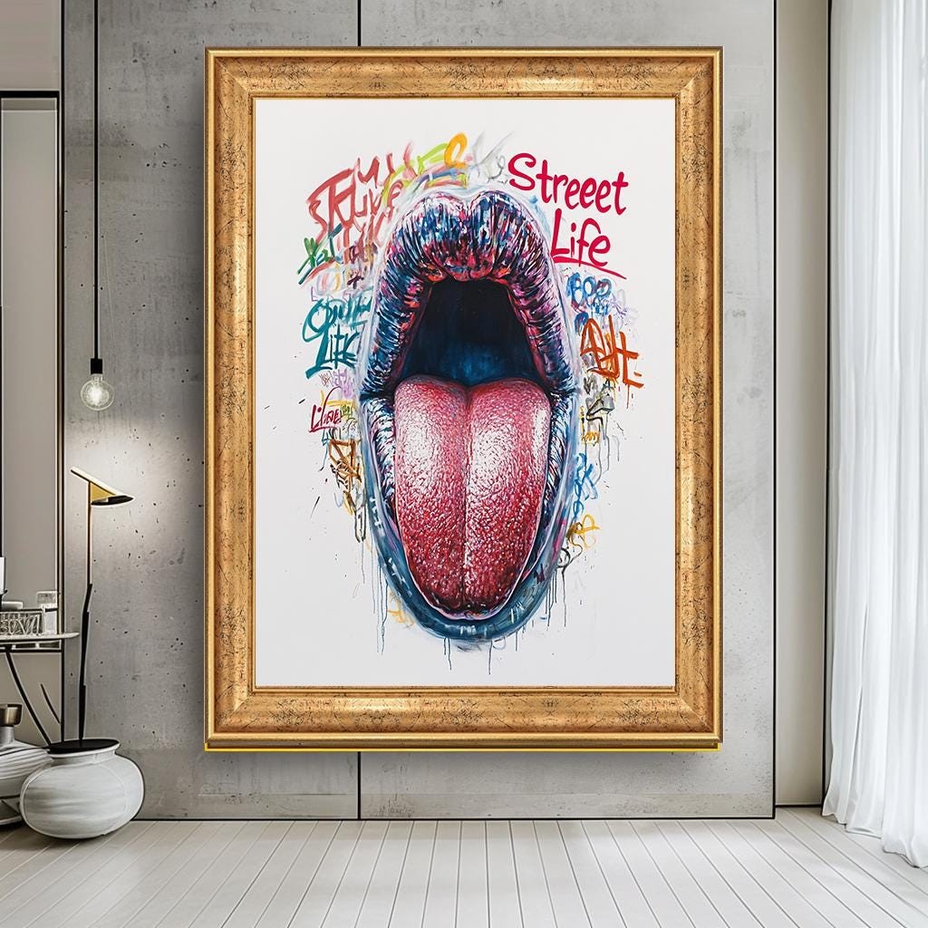 Street Life Pop Art Canvas, Bold Graffiti Tongue Art, Vibrant Urban Wa