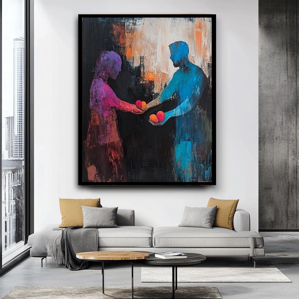 Abstract Couple Wall Art, Vibrant Figurative Painting, Modern Expressi