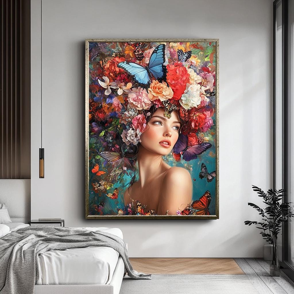 Floral Butterfly Woman Portrait Art, Colorful Nature-Inspired Canvas, 