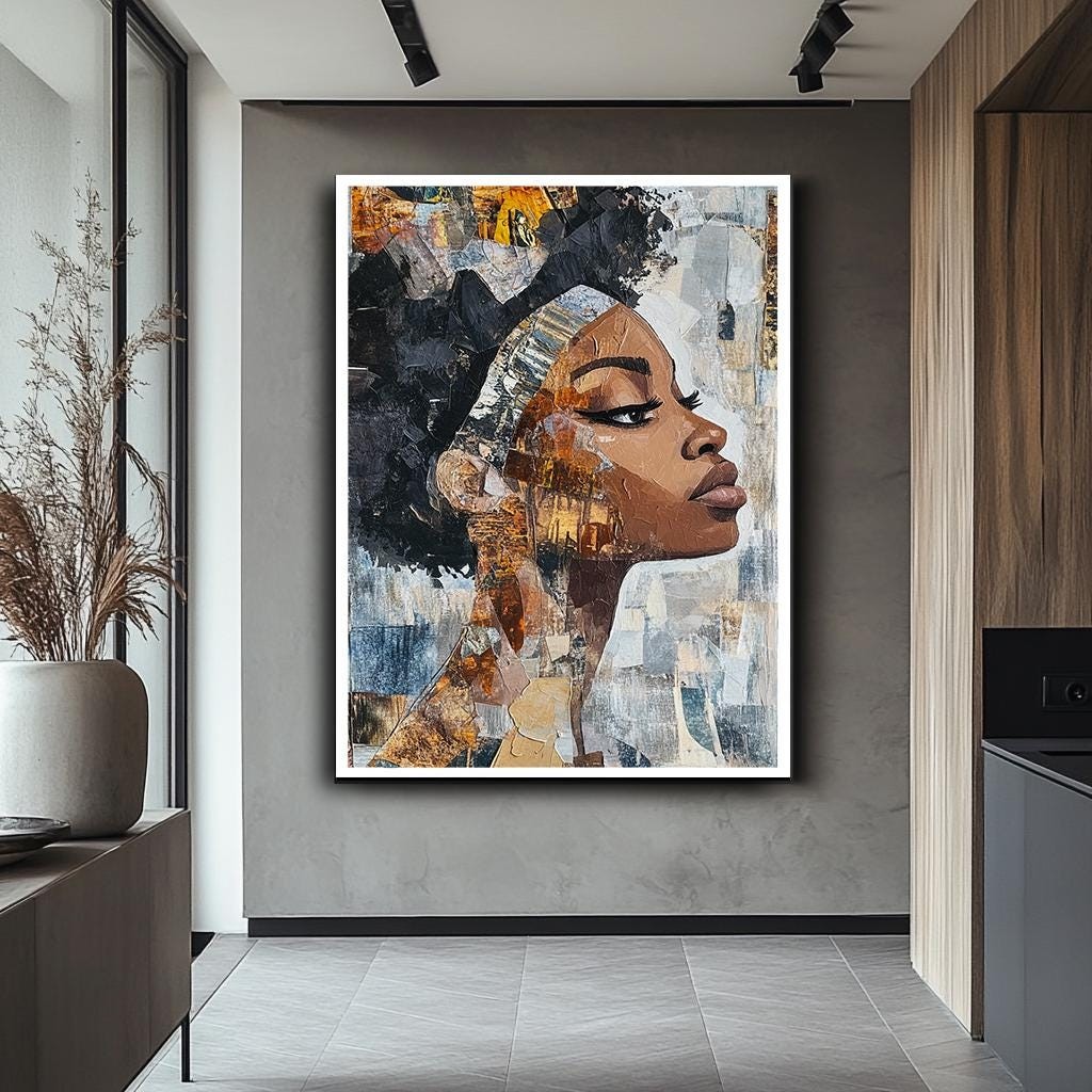 Abstract African Woman Portrait Wall Art, Bold Textured Canvas, Modern Ethnic Artwork