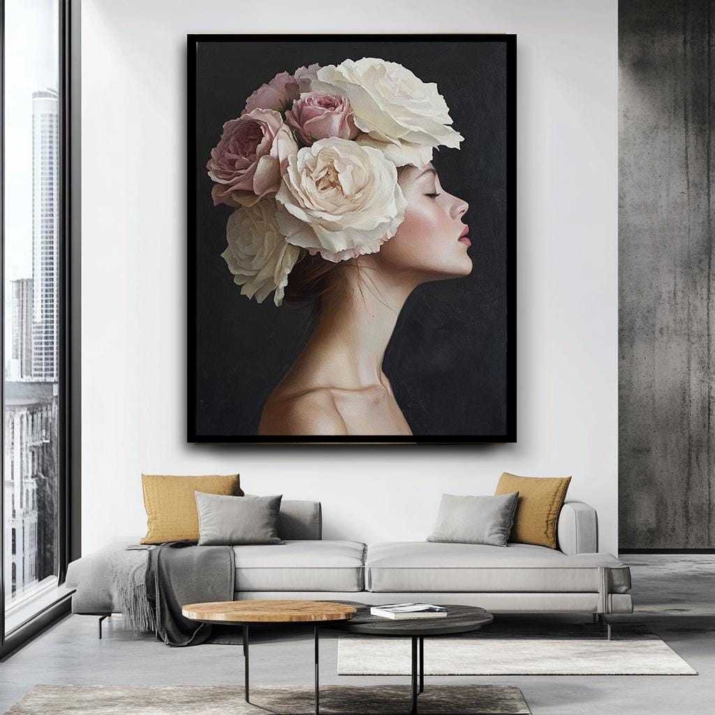 Elegant Woman with Flower Crown Wall Art, Feminine Floral Portrait Can