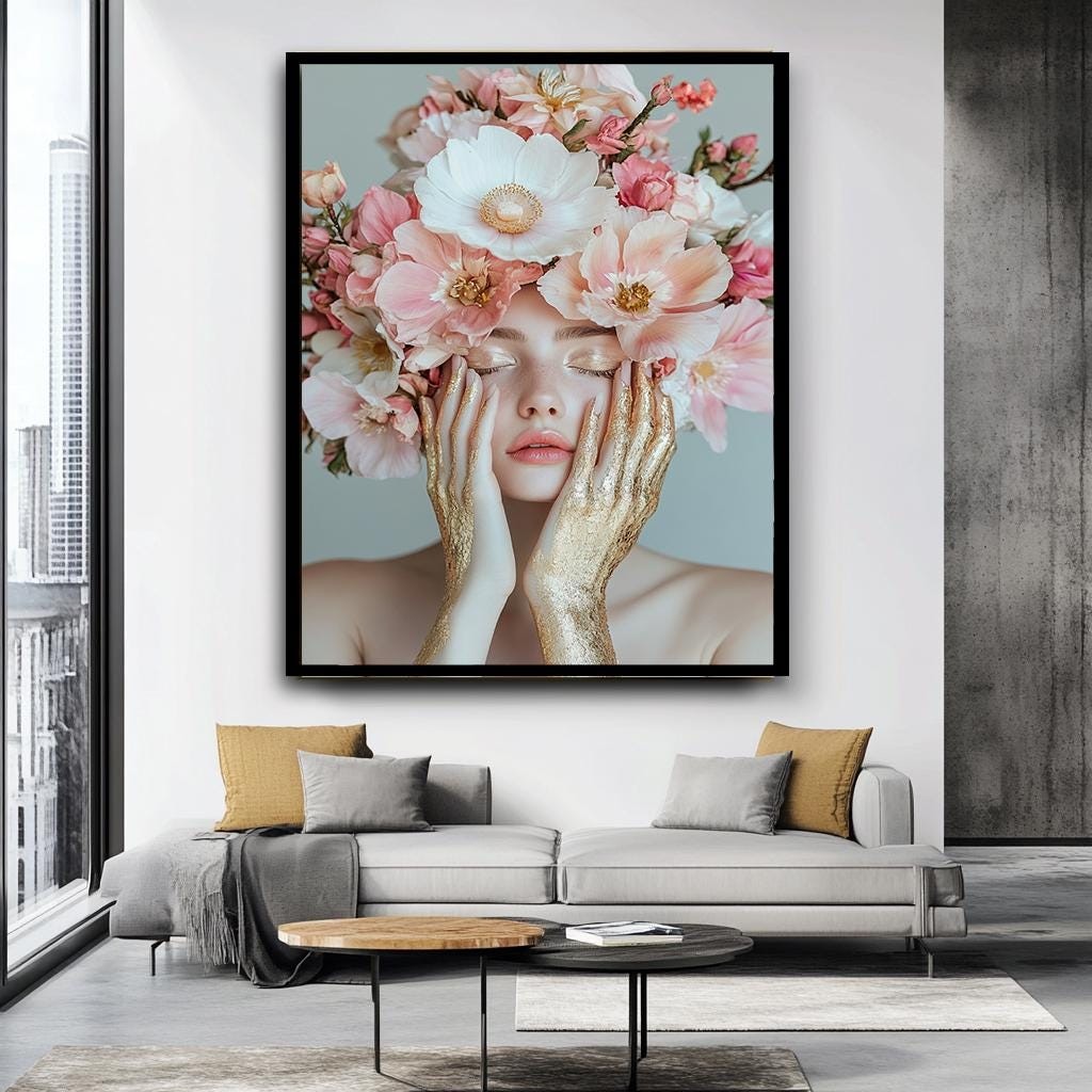 Floral Beauty Portrait Wall Art,,Woman Canvas Art, Woman with Flower C