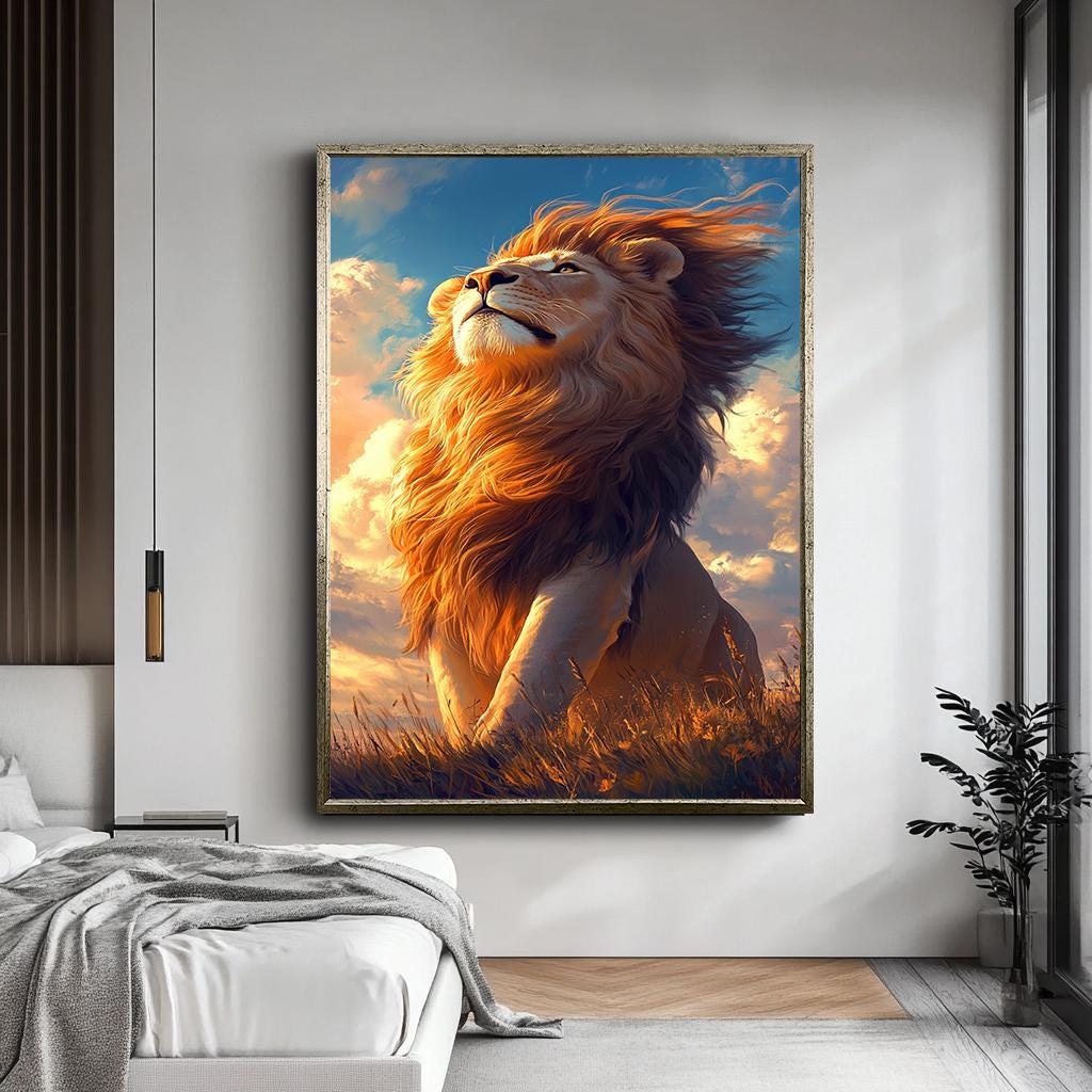 Görkemli Aslan Duvar Sanatı, Büyük Aslan Kanvas Tablo, Gün Batımı Safari Hayvan Tablosu, Aslan Kral Dekoru, Oturma Odası Tablosu Parçası, Hayvan Posteri