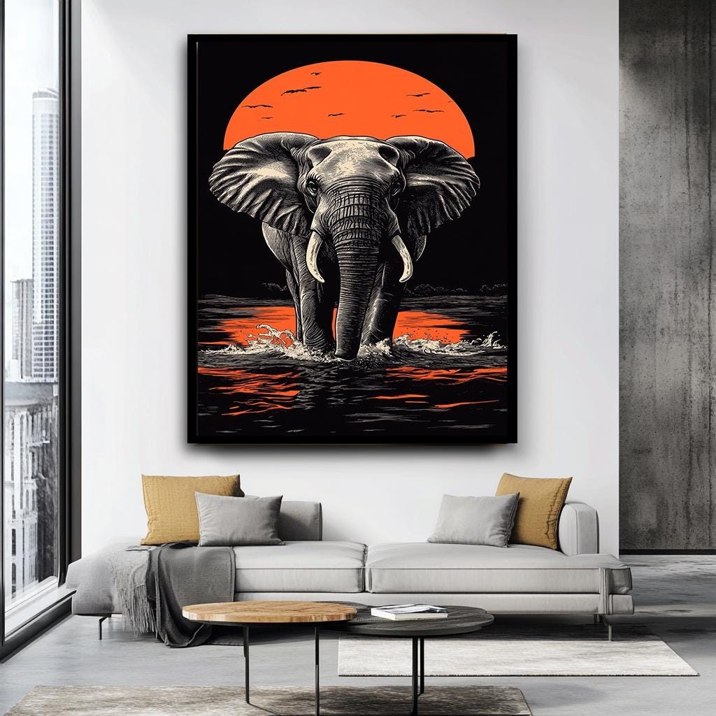 Majestic Elephant Sunset Wall Art, Bold African Wildlife Canvas, Vibra