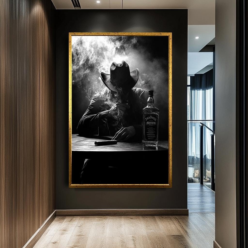 Western Cowboy Black and White Canvas Print, Cigar and Whiskey Wall Ar