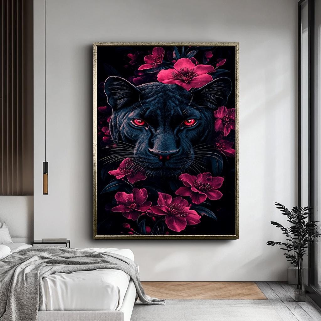 Black Panther with Red Eyes and Floral Accents Canvas Print, Dark and 