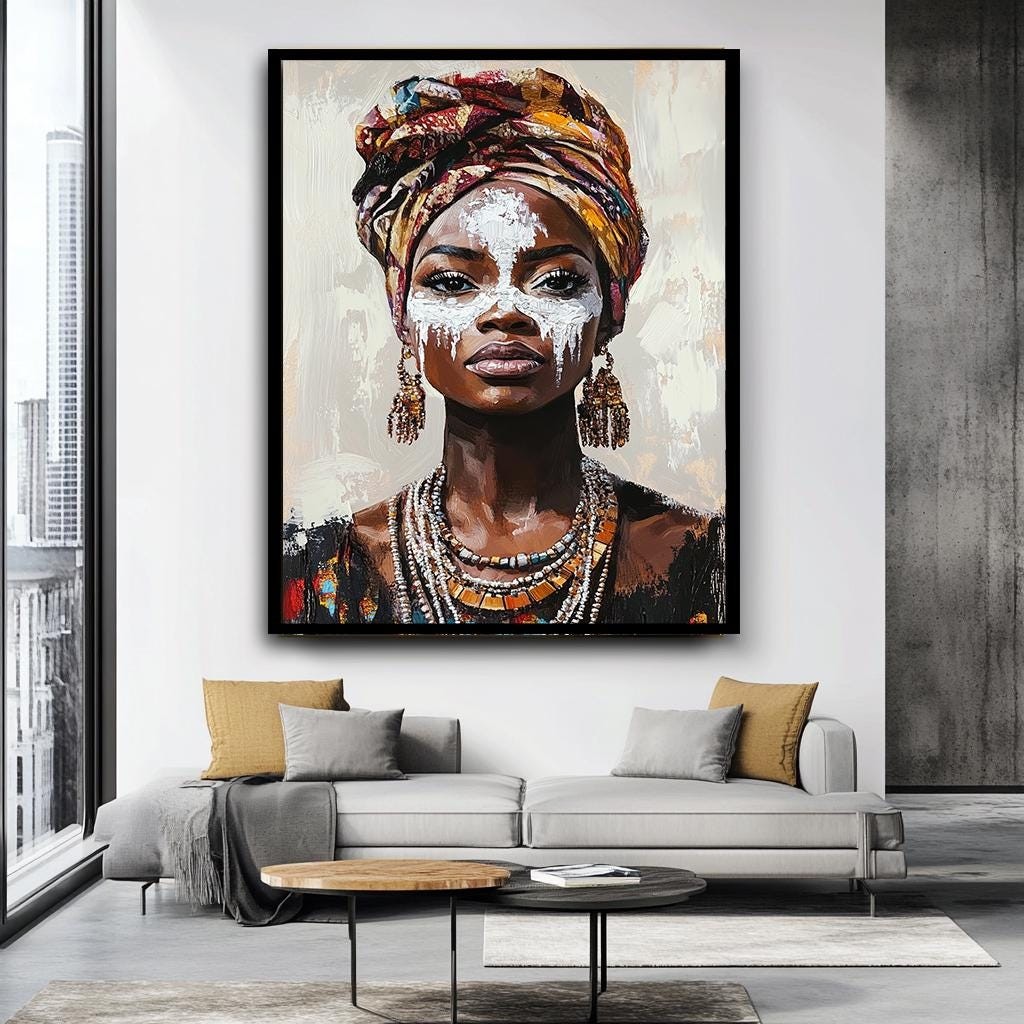 African Woman Portrait Wall Art, Bold Tribal Canvas, Cultural Expressi