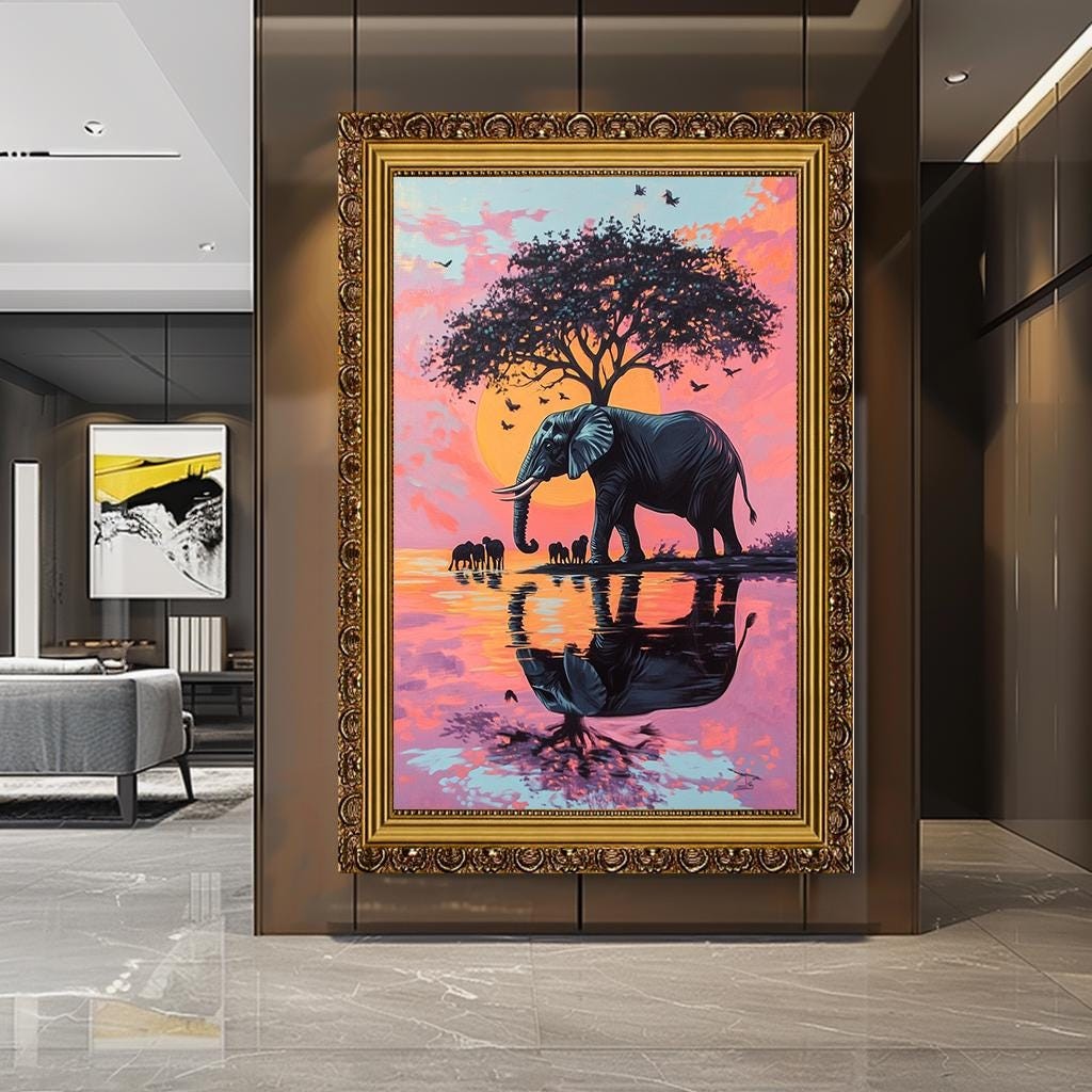 African Elephant Sunset Canvas Art | Colorful Safari Landscape Wall De