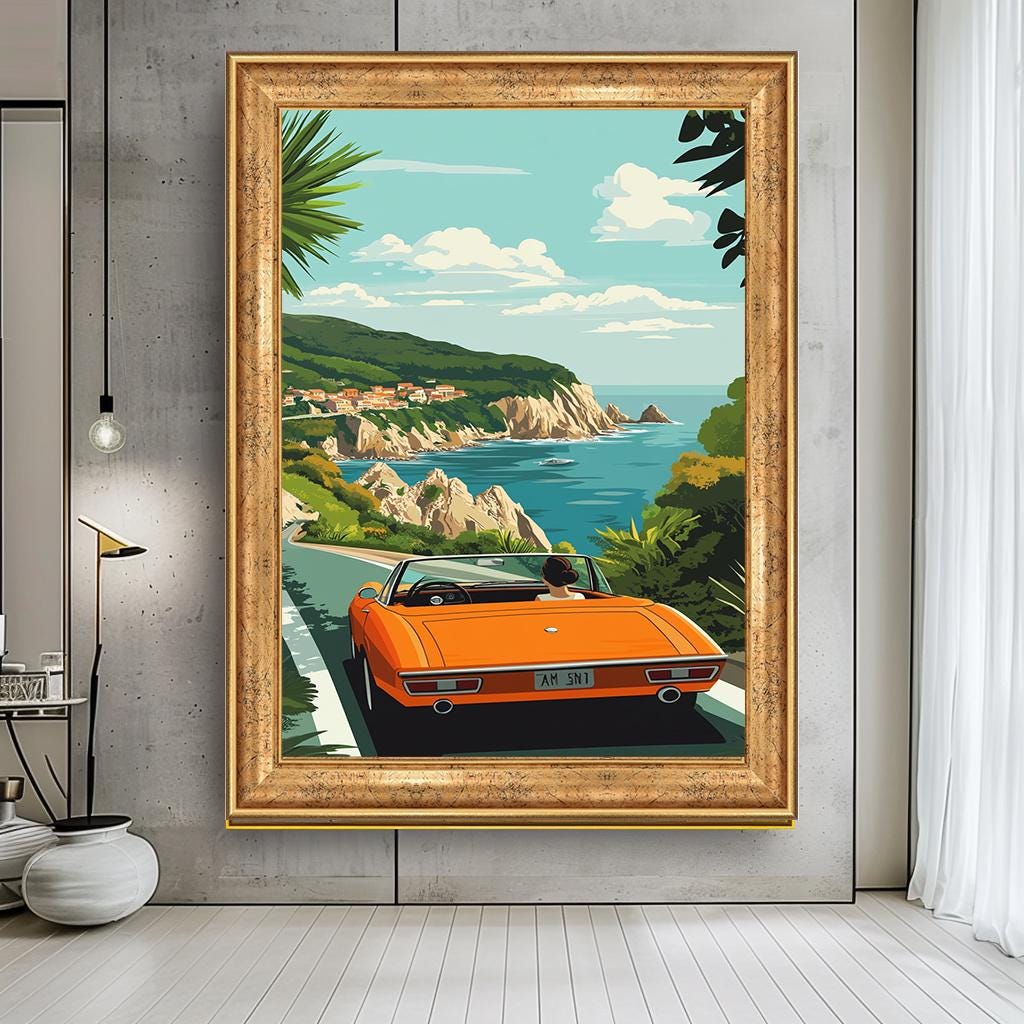 Coastal Road Trip Wall Art, Vintage Car by the Sea Canvas, Retro Trave