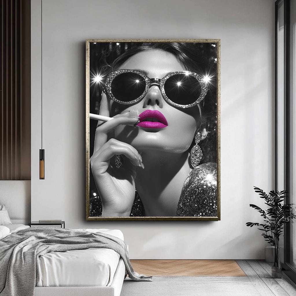 Glamorous Woman Wall Art with Pink Lips, Black and White Luxury Canvas