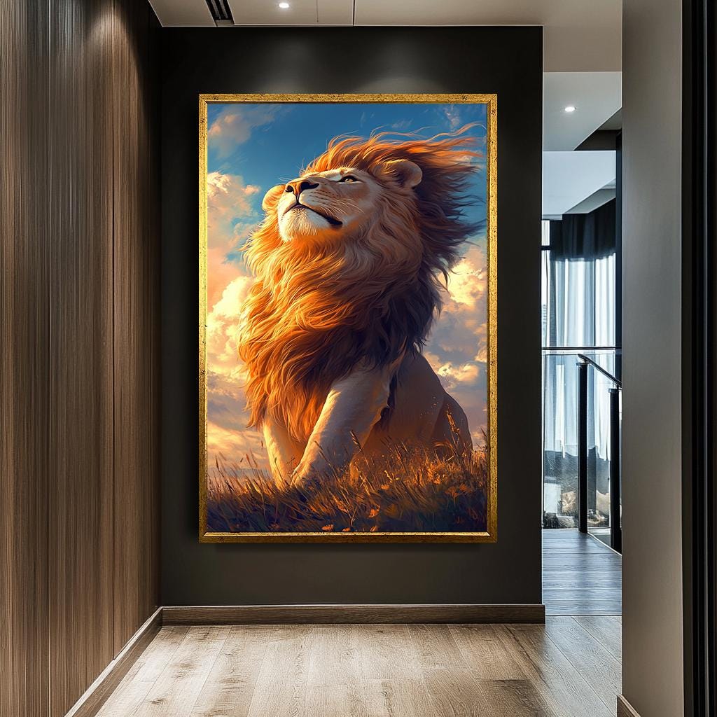 Görkemli Aslan Duvar Sanatı, Büyük Aslan Kanvas Tablo, Gün Batımı Safari Hayvan Tablosu, Aslan Kral Dekoru, Oturma Odası Tablosu Parçası, Hayvan Posteri