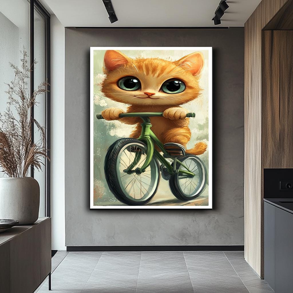 Cute Cat on Bicycle Art Print, Whimsical Animal Illustration, Adorable