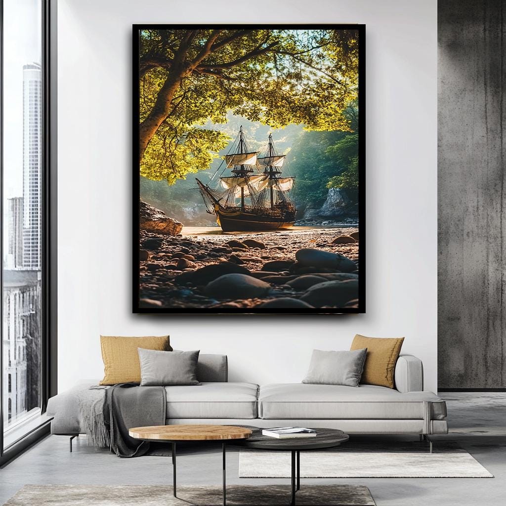 Vintage Ship in Forest Cove Wall Art – Scenic Nautical Canvas Print wi