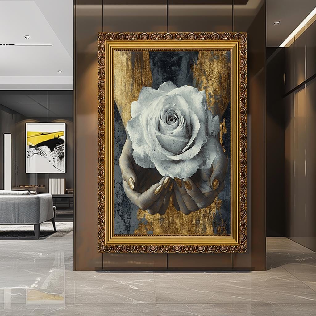 Elegant White Rose in Hands Wall Art, Gold and Gray Floral Canvas, Mod