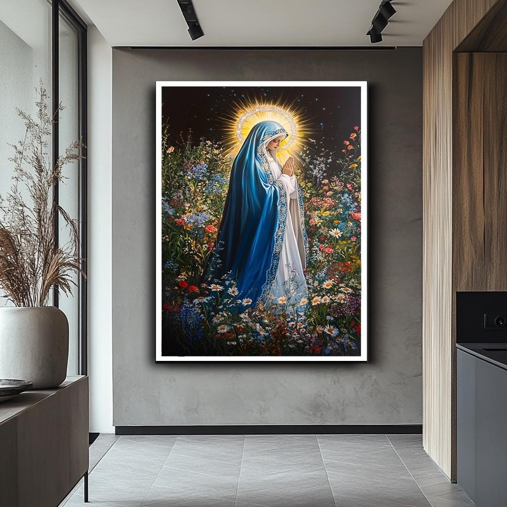 Meryem Ana Kanvas Duvar Sanatı - Çiçekli Dini Ev Dekorasyonu - Hristiyan Kanvas Baskı - İlham Veren Kutsal Anne Tablosu,Duvar Sanatı