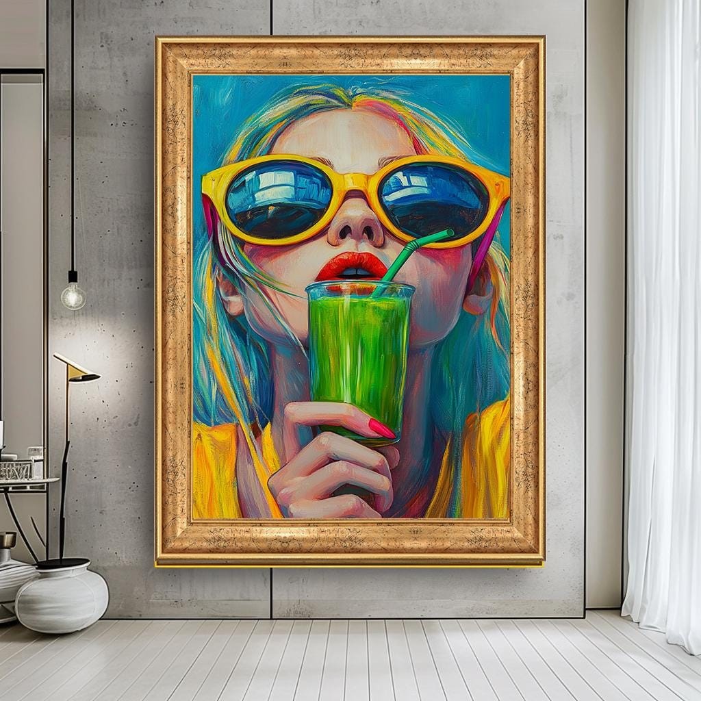 Vibrant Summer Woman with Green Smoothie Wall Art, Colorful Pop Art Ca