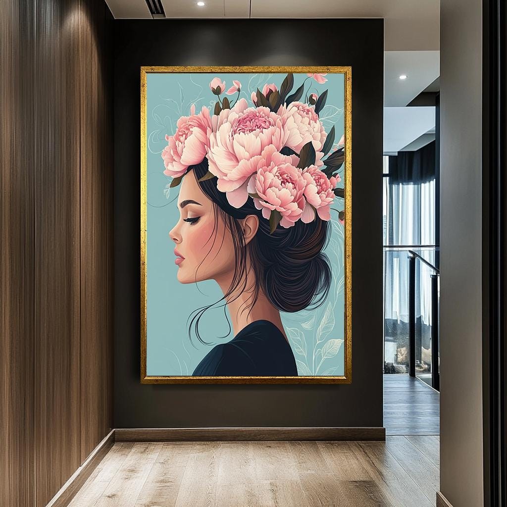 Floral Woman Portrait Wall Art, Elegant Flower Crown Canvas, Feminine 