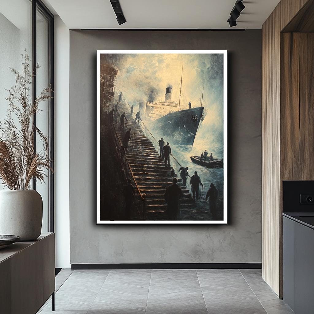 Dramatic Ship Stairs Wall Art, Surreal Maritime Canvas Print, Vintage 