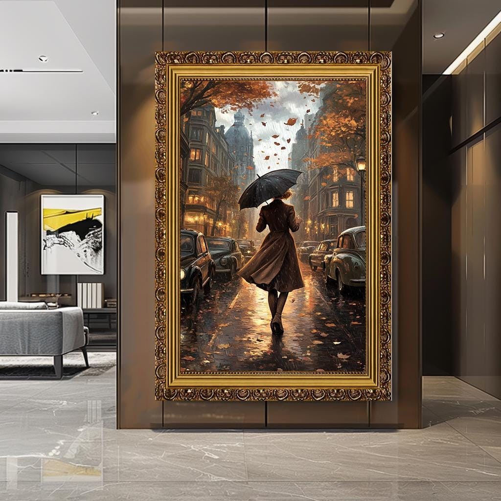 Rainy Street Scene Wall Art, Elegant Woman with Umbrella Canvas, Vinta
