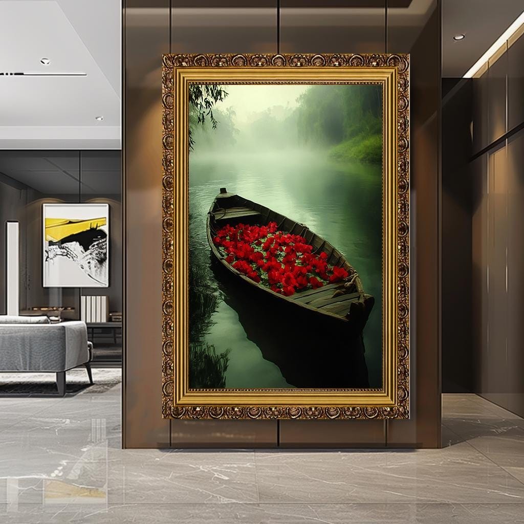 Mystical Boat with Red Flowers Canvas Print - Tranquil Nature Wall Art