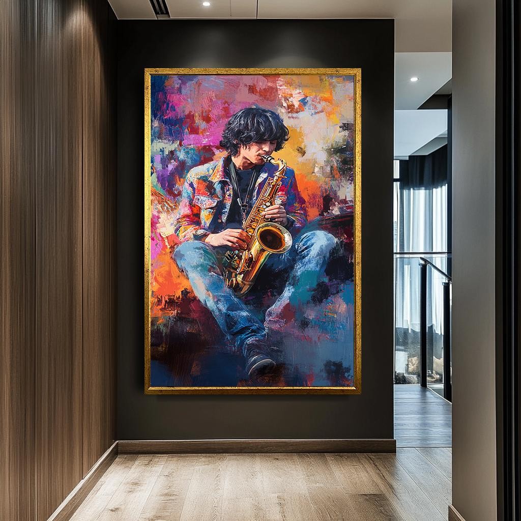 Colorful Saxophone Player Wall Art, Abstract Musician Canvas, Vibrant 