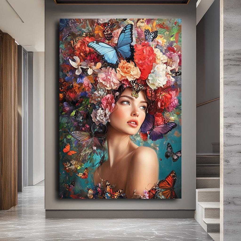 Floral Butterfly Woman Portrait Art, Colorful Nature-Inspired Canvas, 