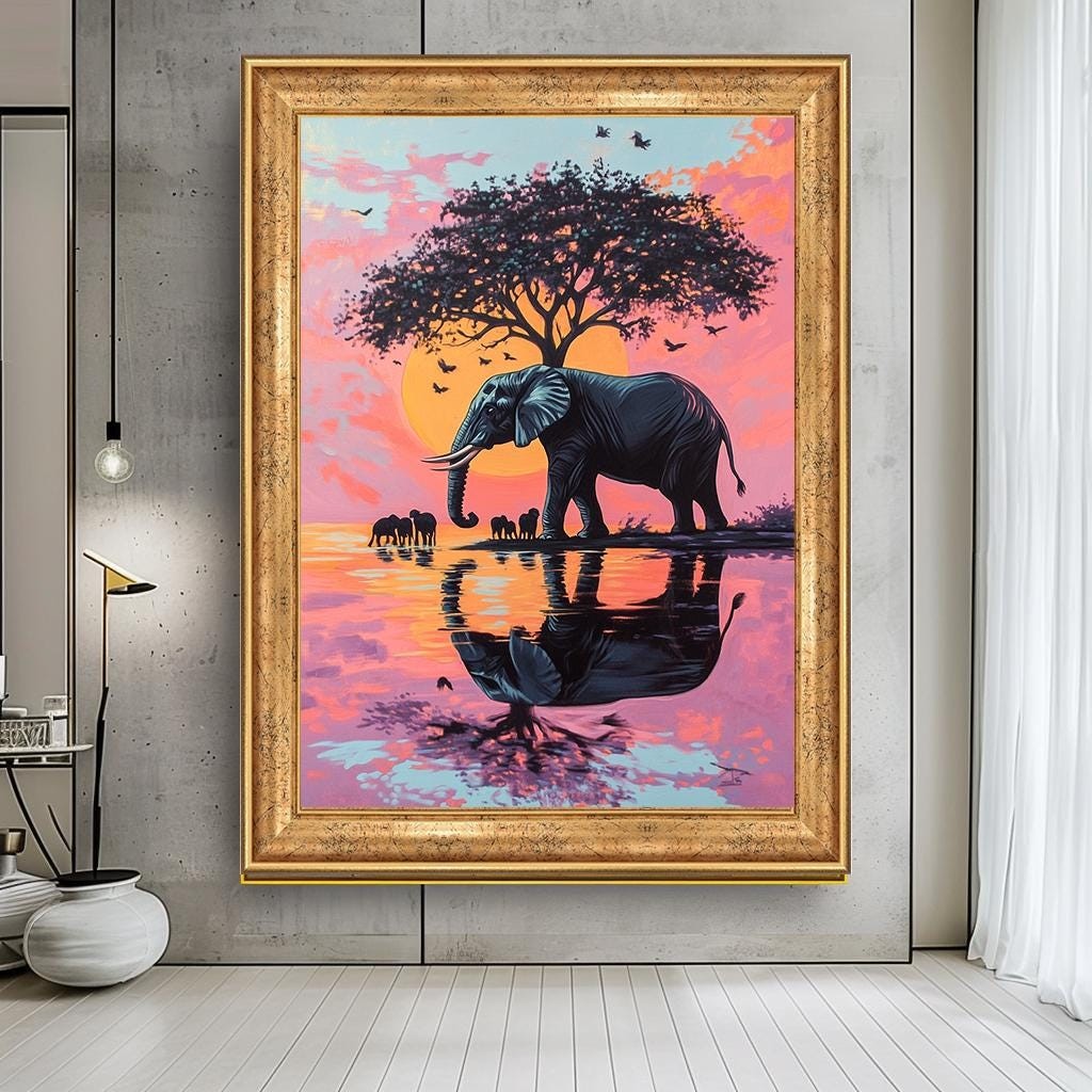 African Elephant Sunset Canvas Art | Colorful Safari Landscape Wall De