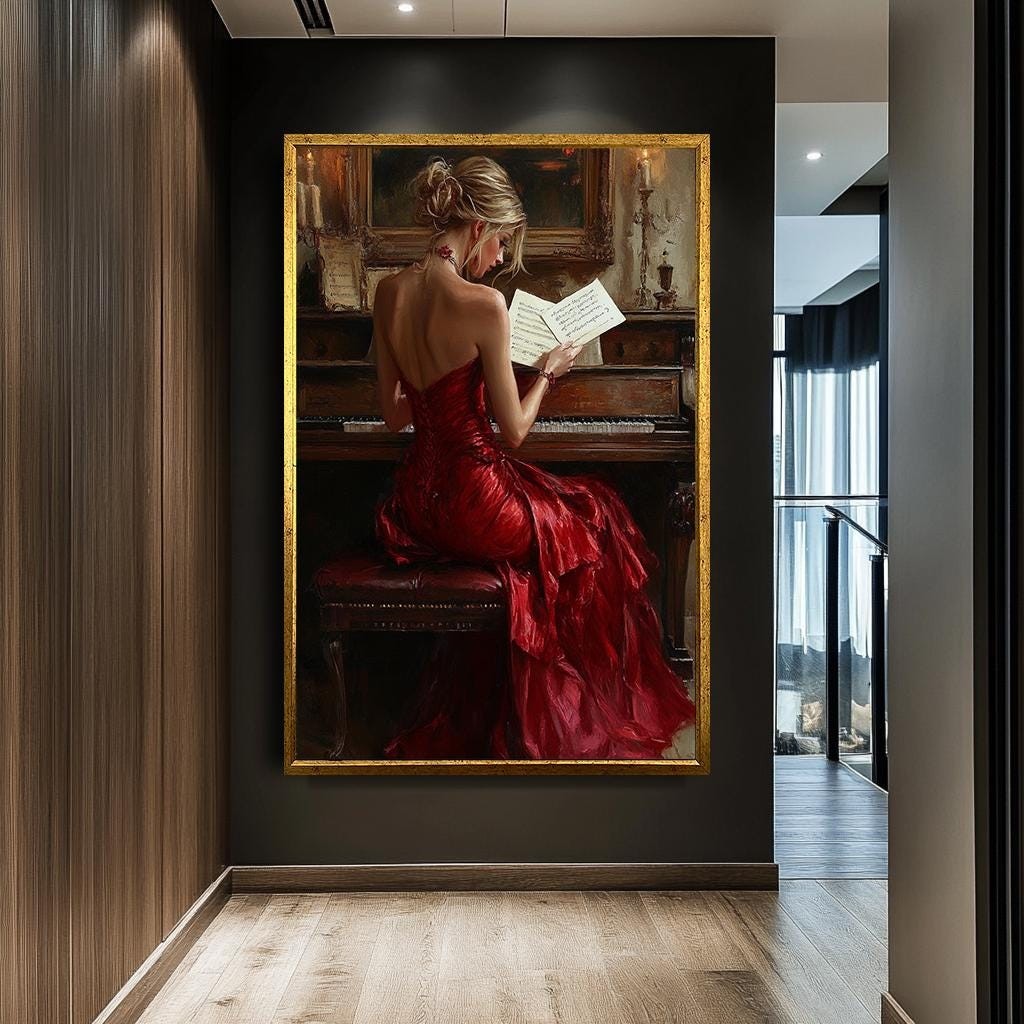 Elegant Woman at Piano Canvas Print, Classical Music Art, Red Dress Wa