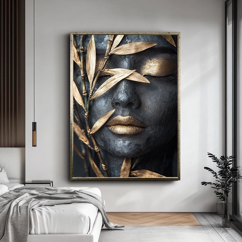 Abstract Gold and Black Woman Canvas Print, Elegant Textured Wall Art,