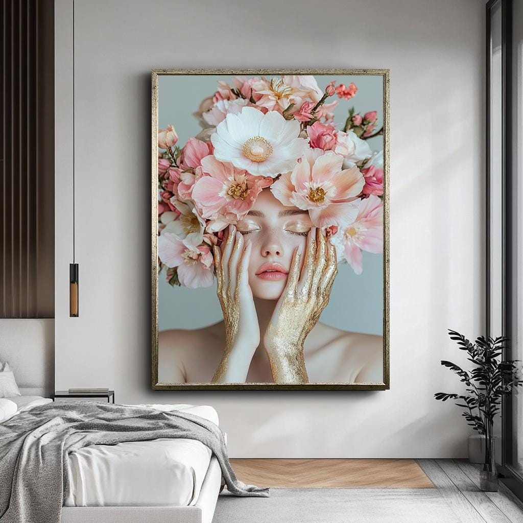 Floral Beauty Portrait Wall Art,,Woman Canvas Art, Woman with Flower C