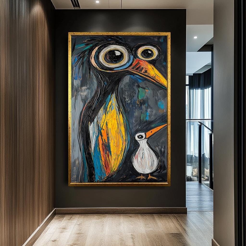 Abstract Bird Wall Art, Colorful Penguin Painting, Quirky Animal Canva