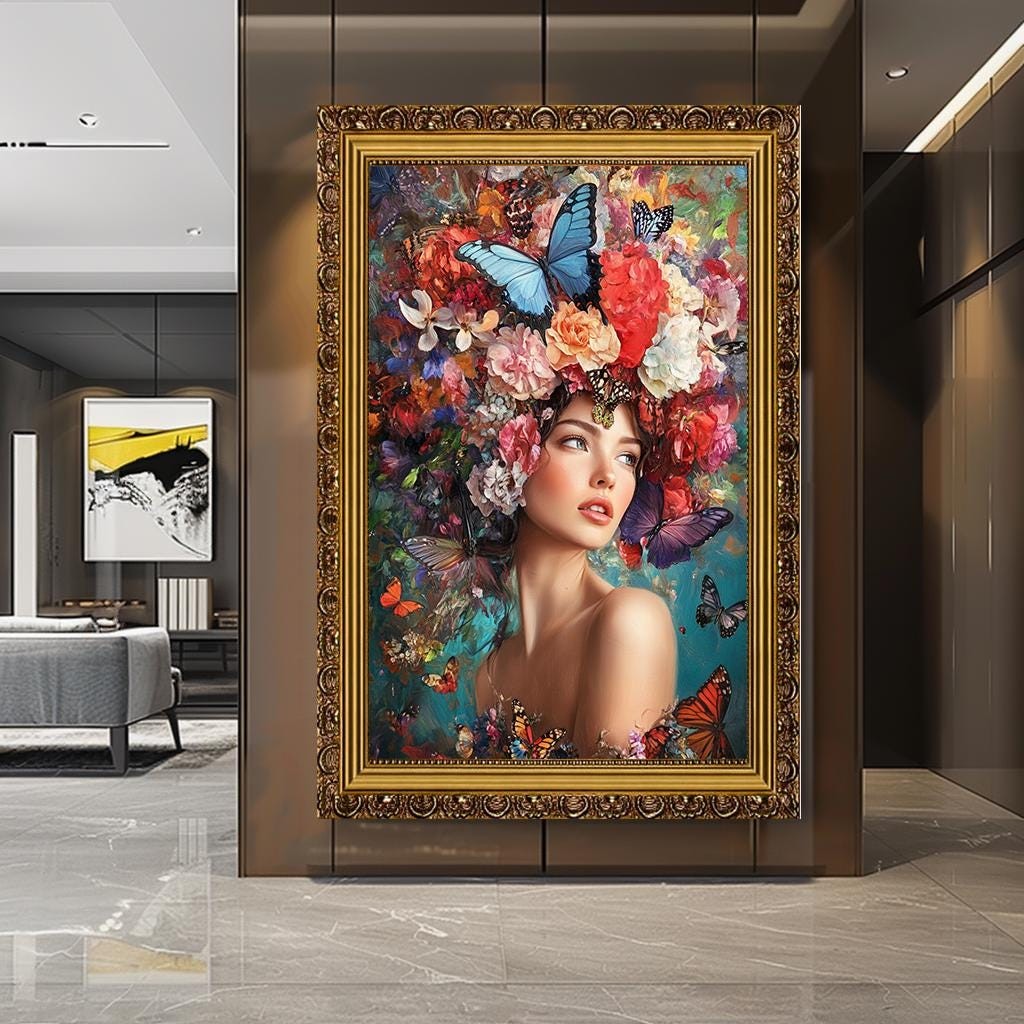 Floral Butterfly Woman Portrait Art, Colorful Nature-Inspired Canvas, 