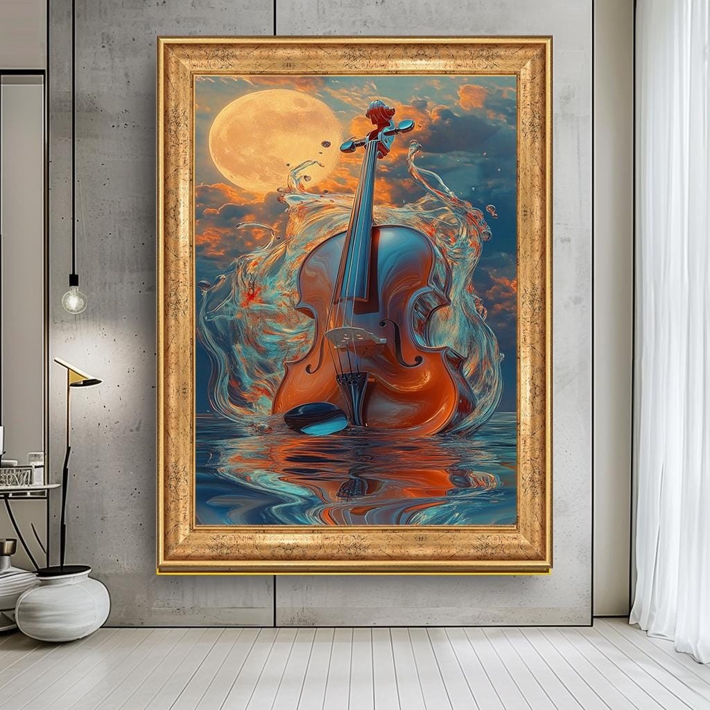 Violin and Moon Canvas Print, Dreamlike Musical Instrument Art, Vibran