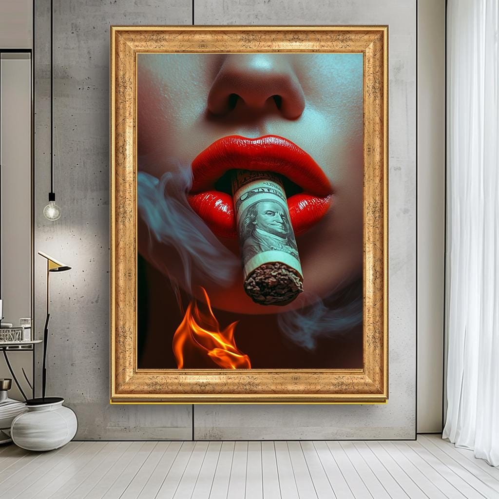 Luxury Lips and Money Canvas Print, Bold Wall Art with Red Lips and Dollar Cigar, Modern Pop Art, Glamorous Fashion Decor for Lounge or Bar