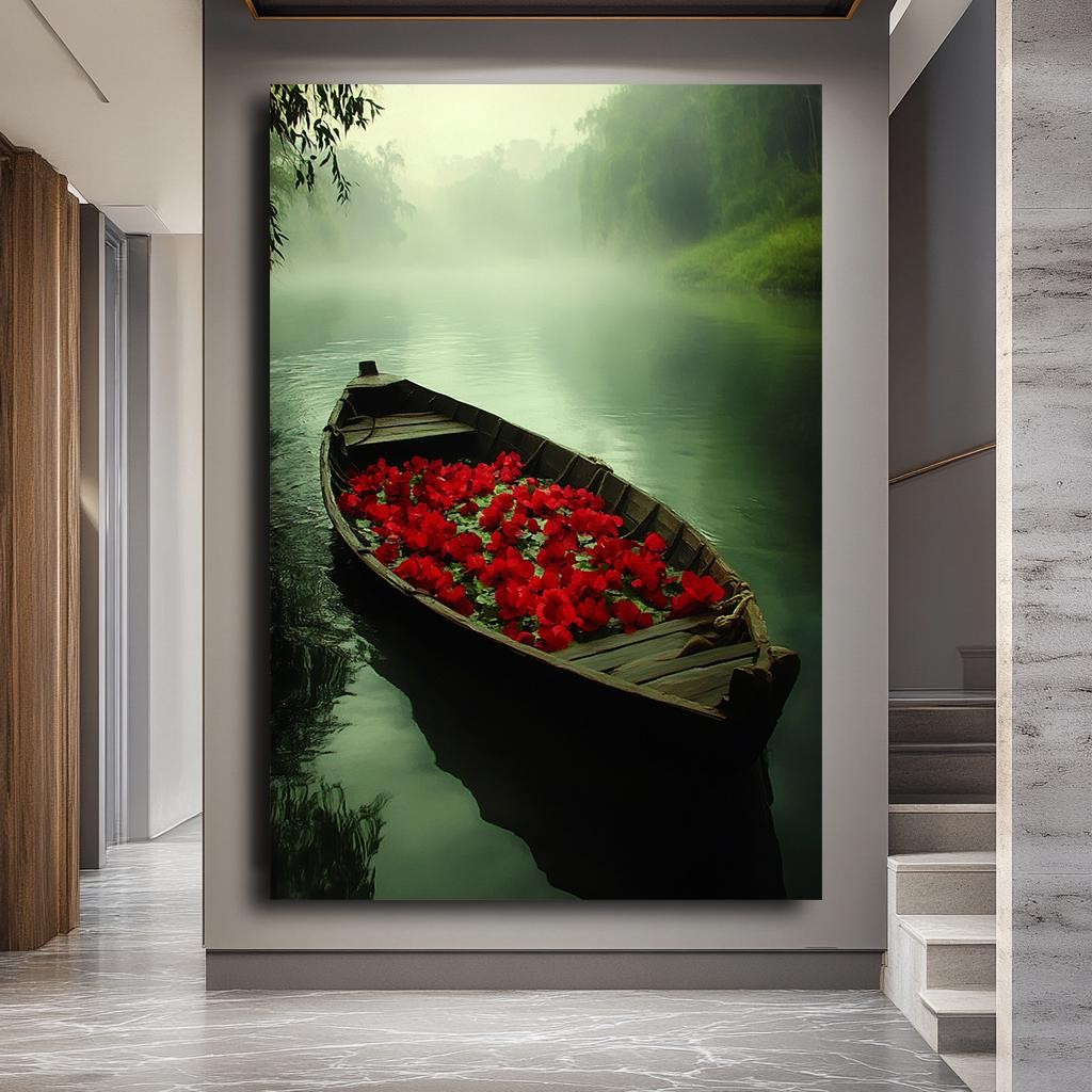 Mystical Boat with Red Flowers Canvas Print - Tranquil Nature Wall Art