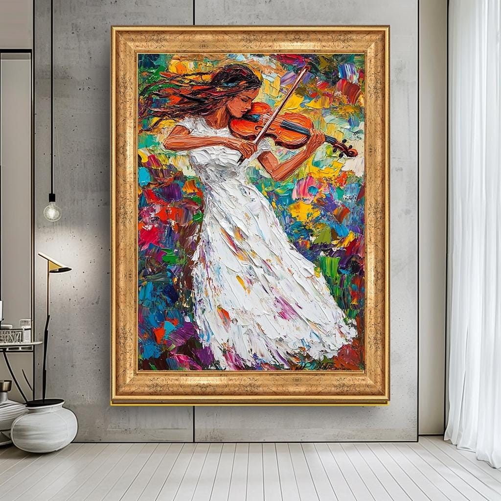 Colorful Violinist Canvas Art, Abstract Woman Playing Violin, Large Mu