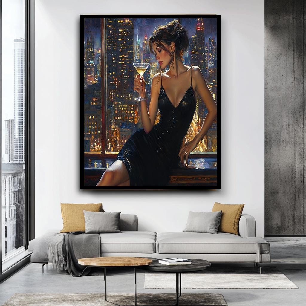 Woman in Black Dress Canvas Print, Sensual Cityscape Wall Art, Modern 