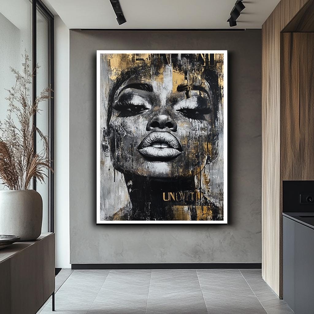 African Woman Portrait Wall Art, Abstract Female Face Canvas, Edgy Urb