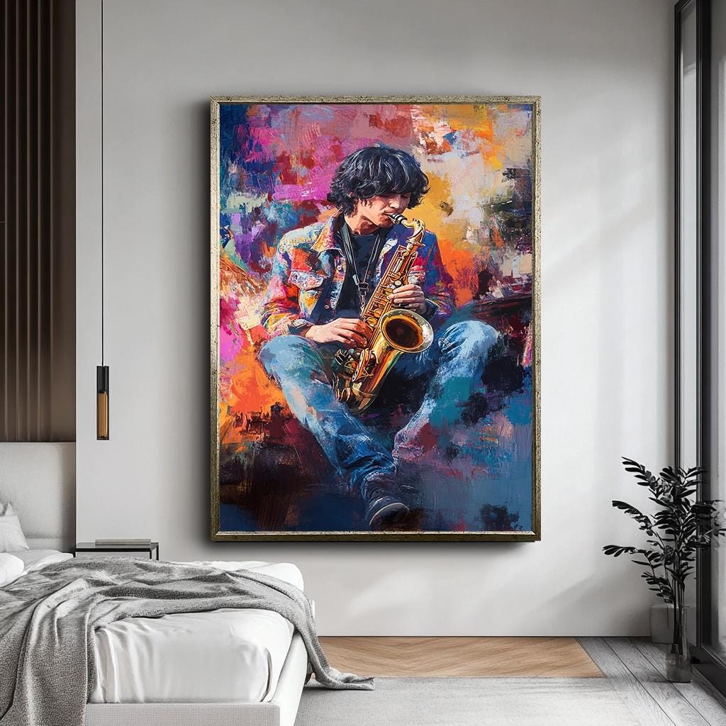Colorful Saxophone Player Wall Art, Abstract Musician Canvas, Vibrant 
